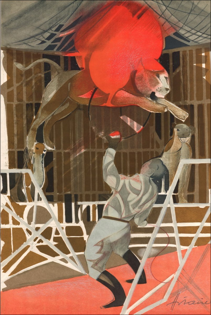 Camille Hilaire: Zirkus, Löwenkäfig - Original-Lithographie unterzeichnet, 1974