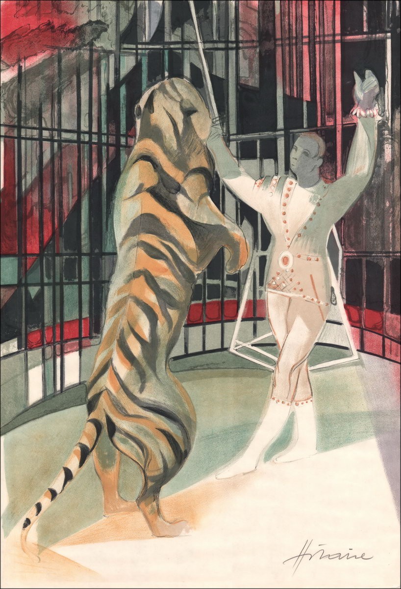 Camille Hilaire: Der Zirkus, der Tamer und Tiger - Original-Lithographie unterzeichnet, 1974
