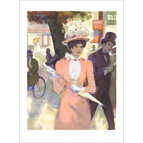 BernardTRTRIAfra_Latn : Elegant met paraplu - Lith originale origineel - 75 x 54 cm - Getekend en genummerd met potlood