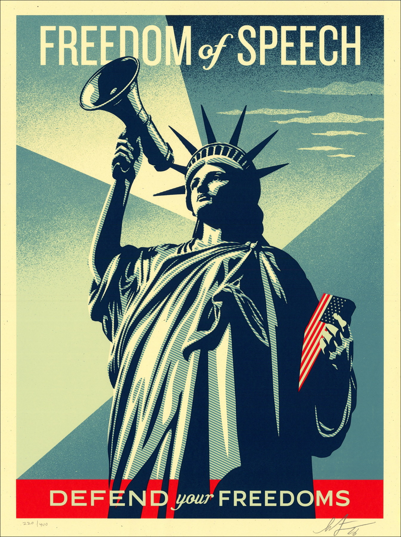 Shepard Fairey - Verteidige deine Freiheiten | Satz von 3 signierten Siebdrucken