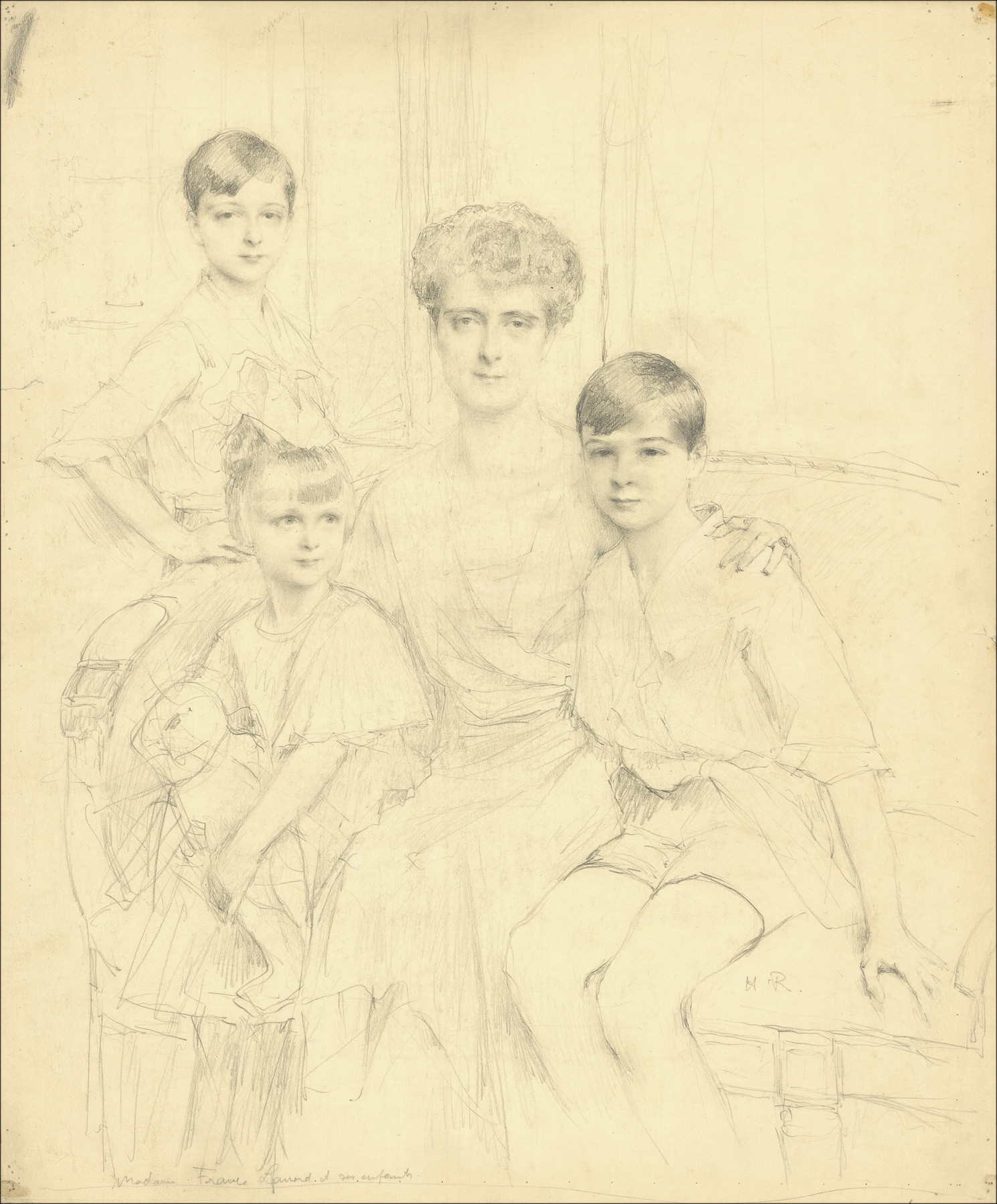 Henri-Paul Royer - Signora e i suoi bambini, disegno originale