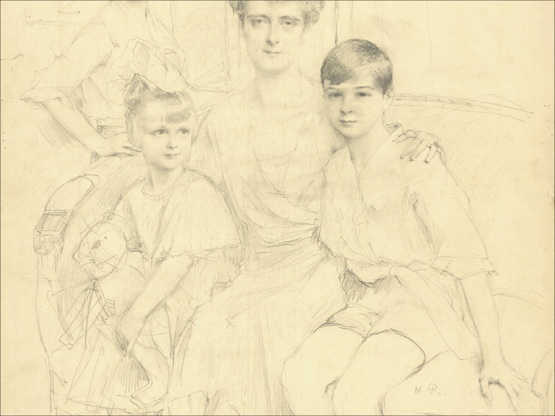Henri-Paul Royer - Madame et ses enfants, dessin original