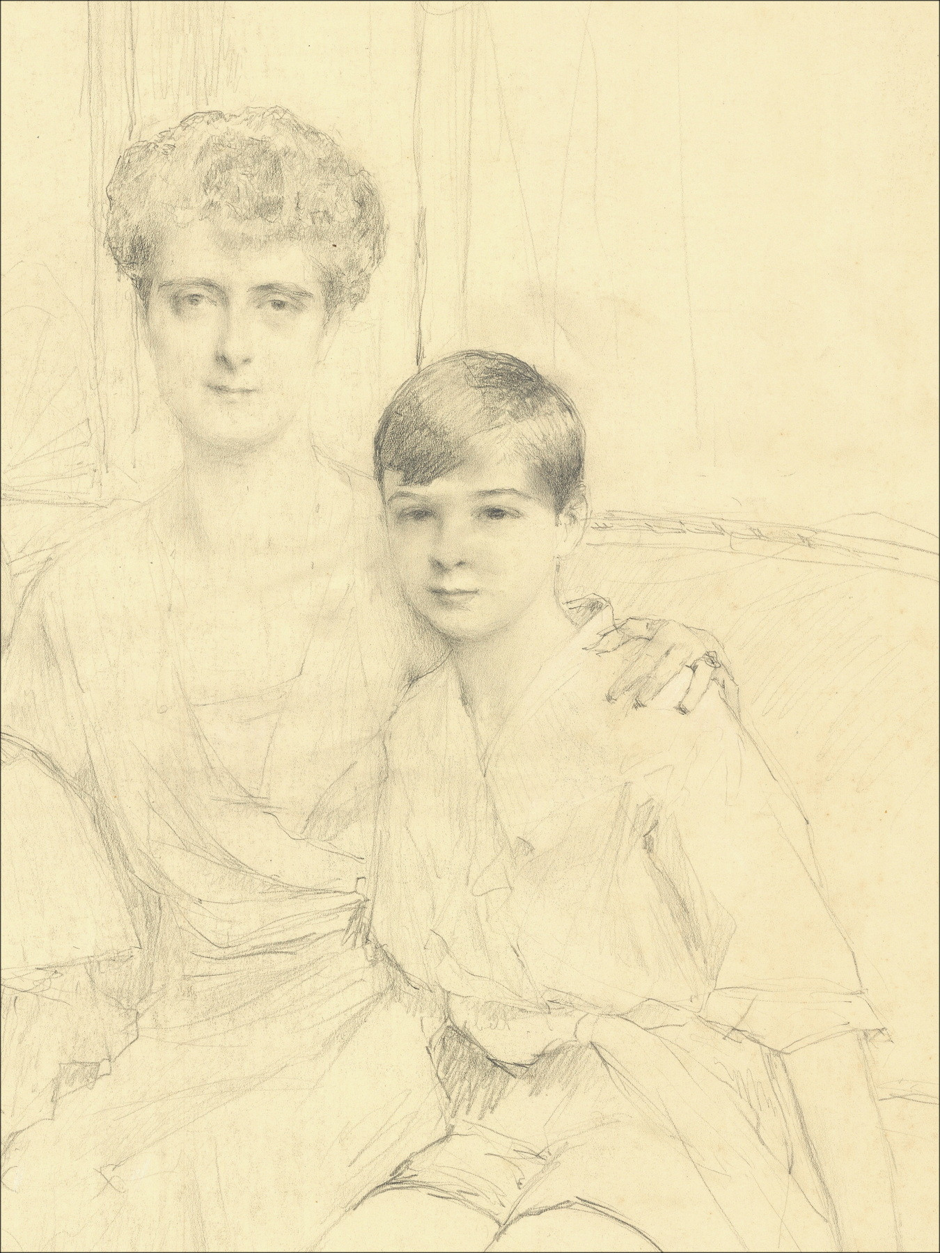 Henri-Paul Royer - Signora e i suoi bambini, disegno originale