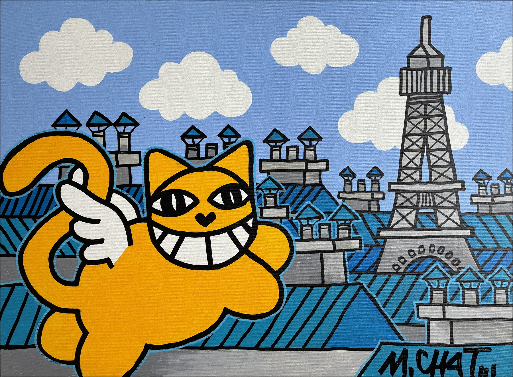 M.CHAT (Thoma Vuille) - Acryl auf Leinwand "Geflügelte Katze auf den Dächern von Paris" 55x75cm - 2026