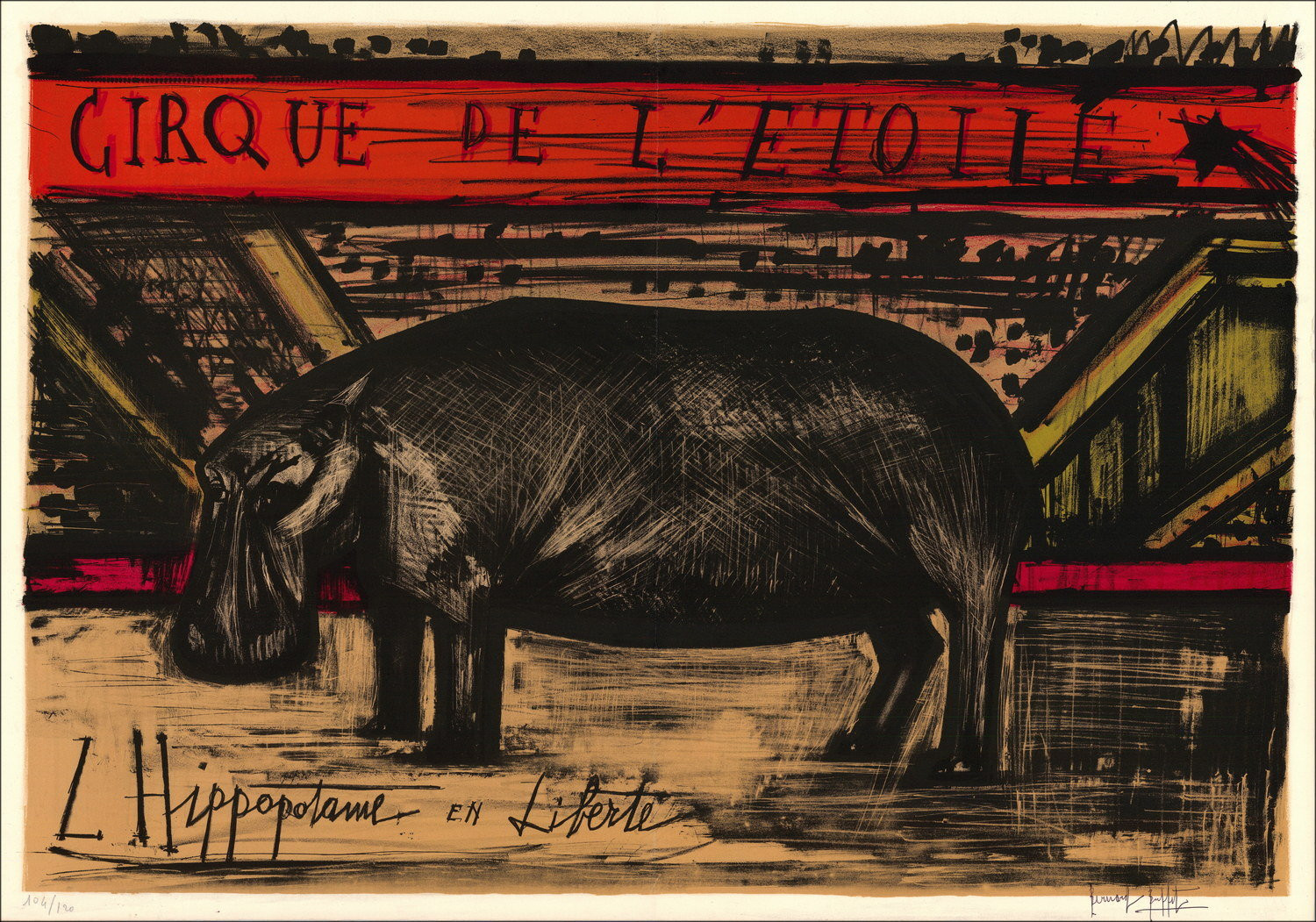 Bernard Buffet, The Hippopotamus in Freedom 1968 – Lithograph