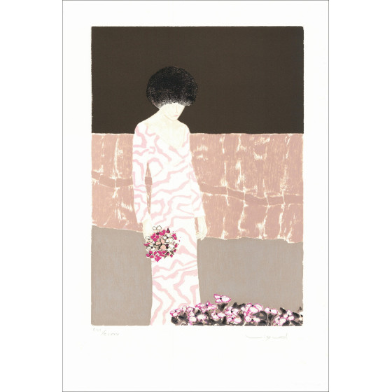 Lithographie originale - Femme au bouquet" 55x37cm