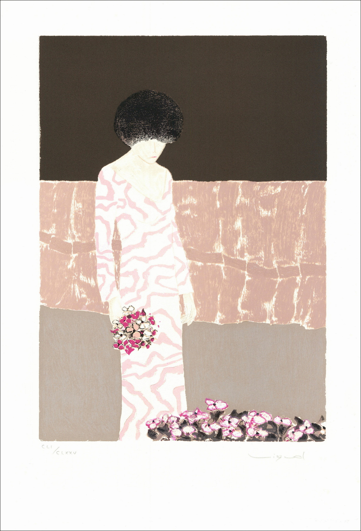 Original-Lithografie - Frau mit Blumenstrauß" 55x37cm