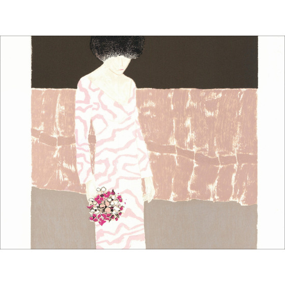Original-Lithografie - Frau mit Blumenstrauß" 55x37cm