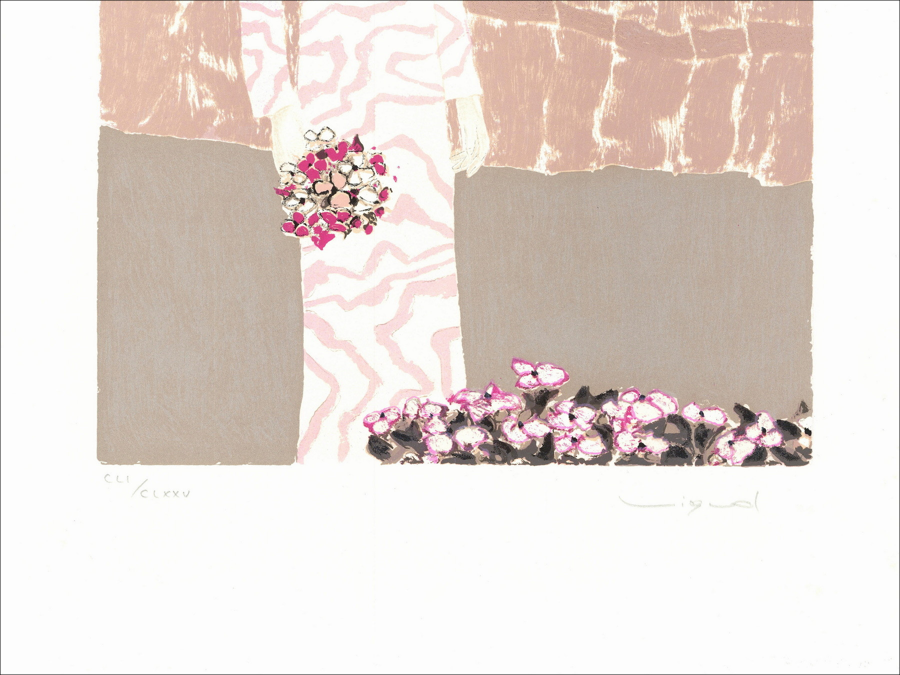 Original-Lithografie - Frau mit Blumenstrauß" 55x37cm