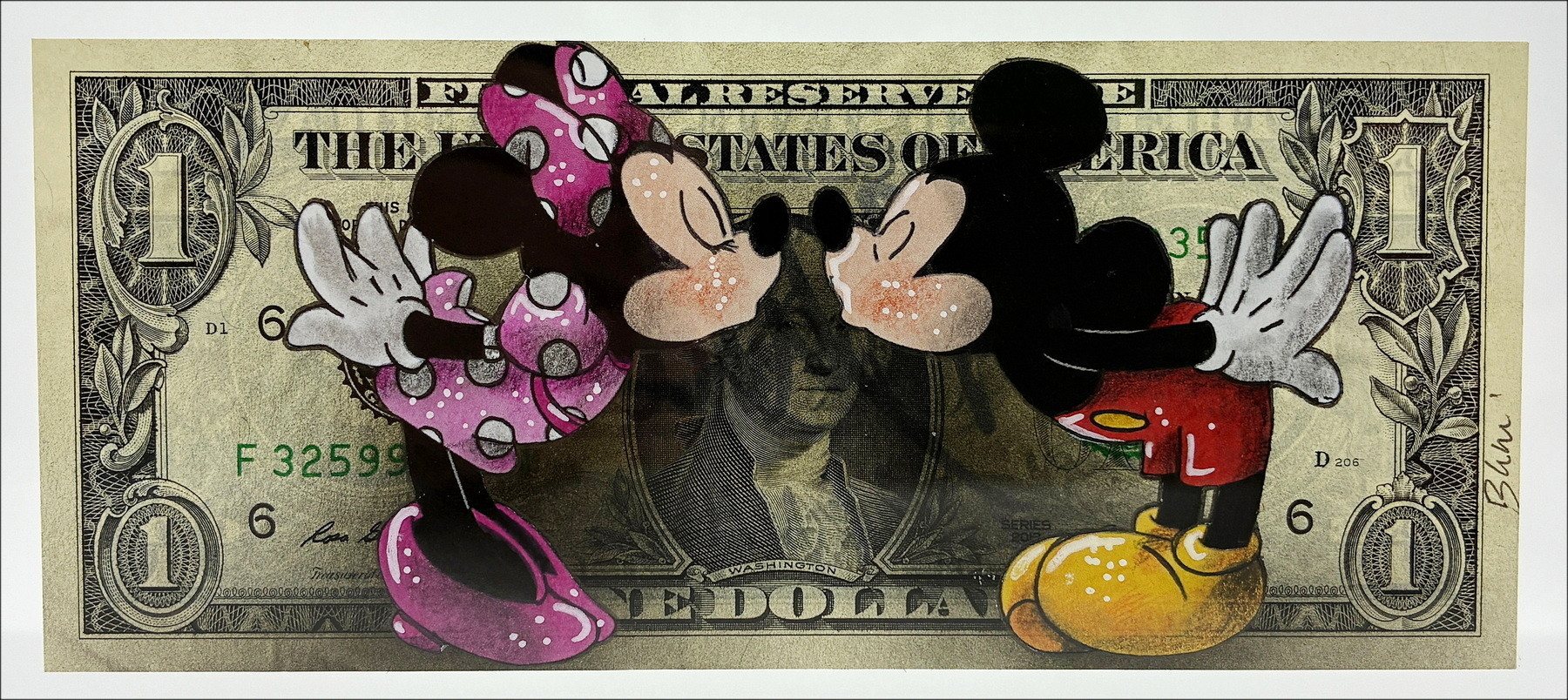 Pazblandina - Mickey en Minnie, origineel werk op dollar