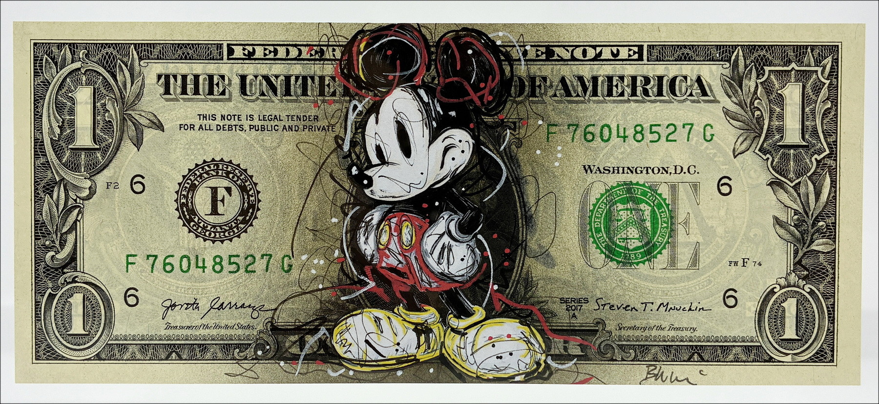 Pazblandina – Calle Mickey, dibujo sobre dólar
