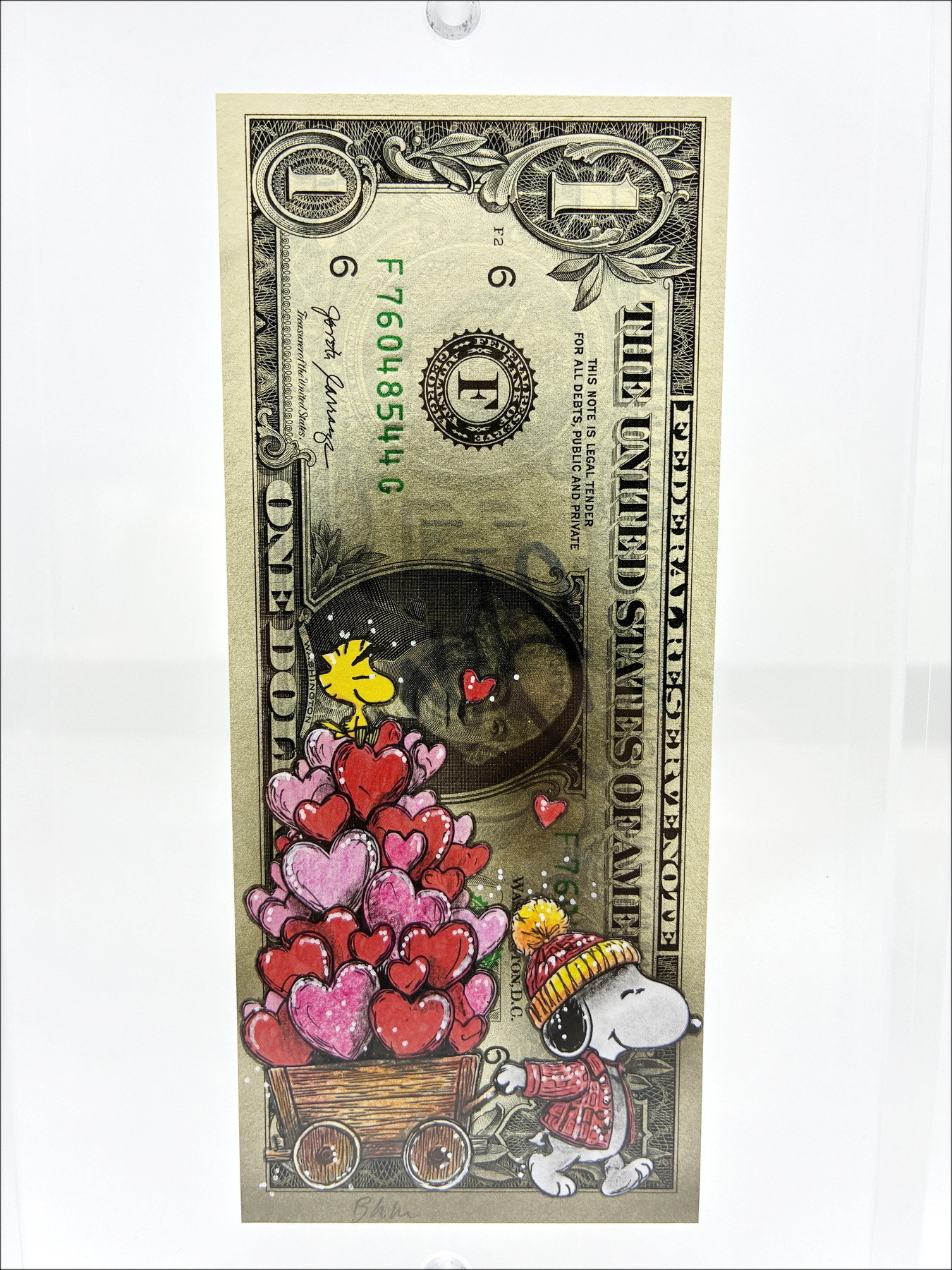 Pazblandina - Snoopy Love, obra original sobre dólar estadounidense