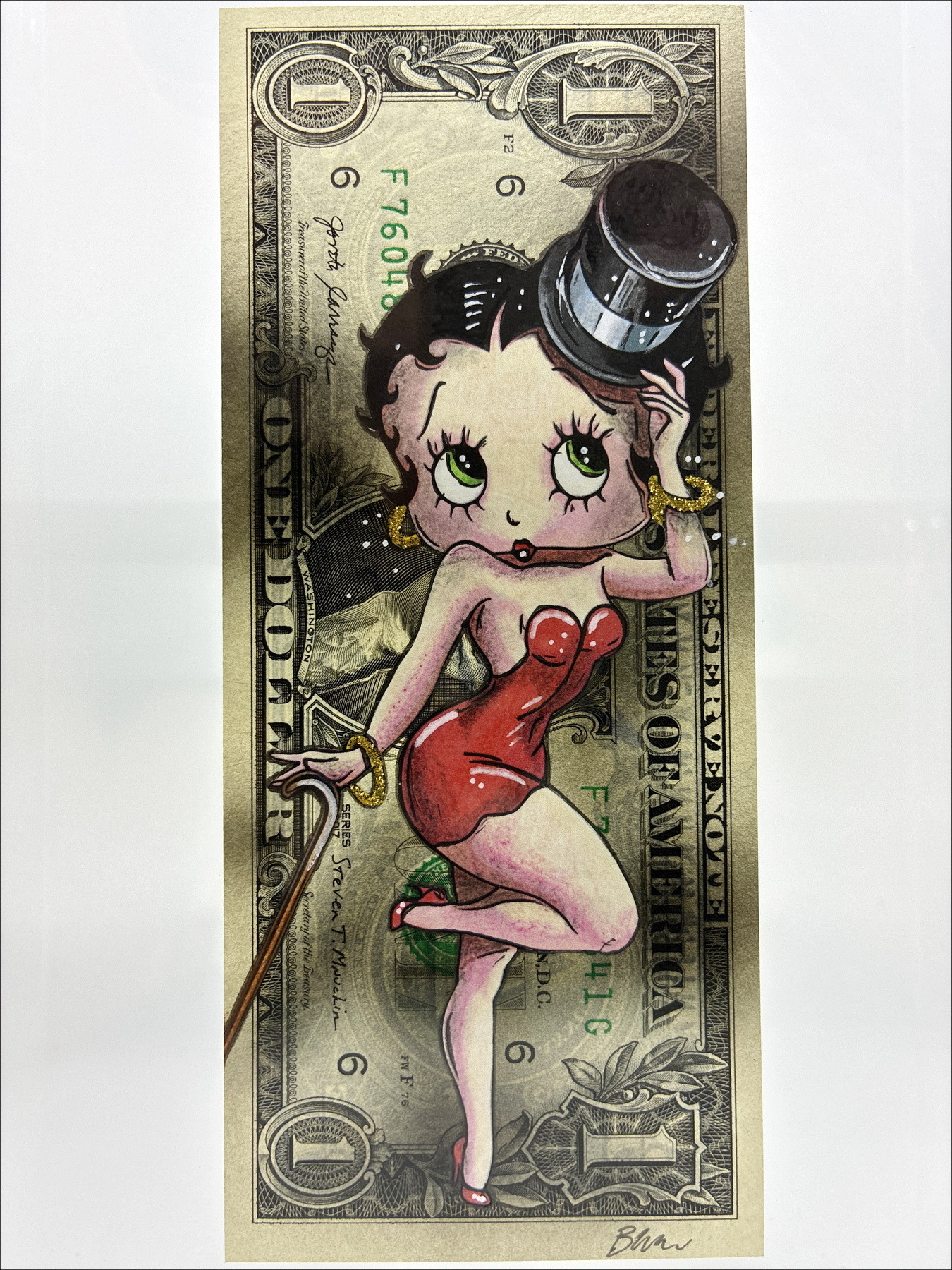 Pazblandina - Betty Boop Glamour, obra original sobre dólar