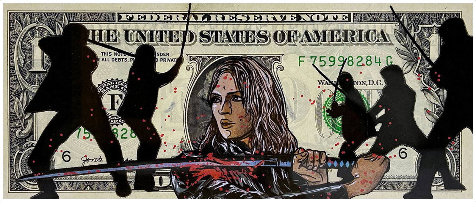 Pazblandina Kill Bill 2, original artwork signed on a dollar
