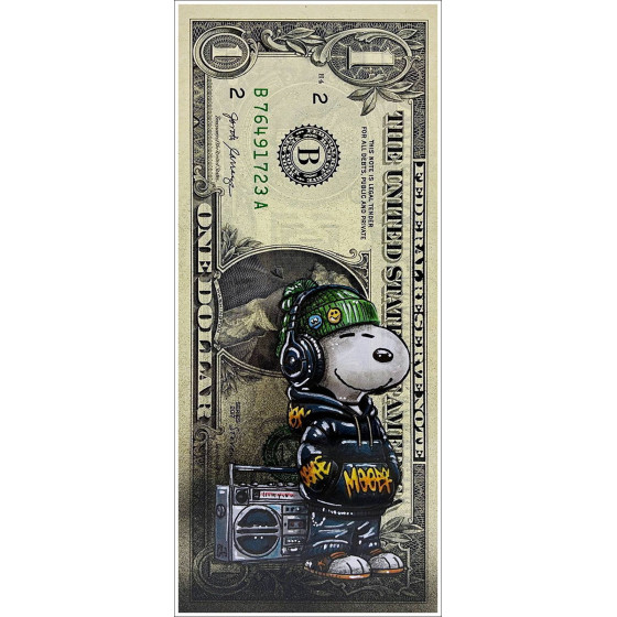 Snoopy op Dollar Ticket - Pazblandina Ondertekende tekening