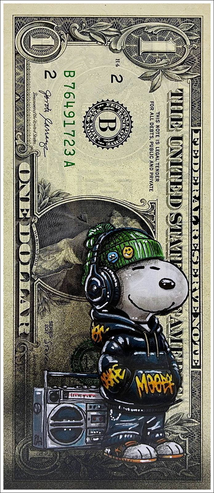 Snoopy op Dollar Ticket - Pazblandina Ondertekende tekening