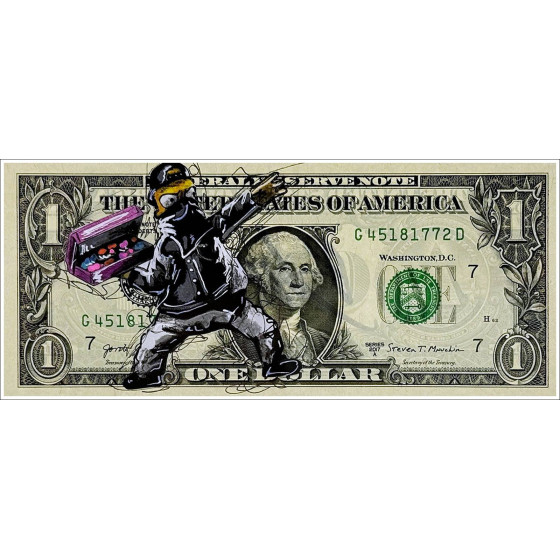 PAZBLANDINA - Dessin original en technique mixte sur Dollar $ "Homer Simpson Banksy" 6,6x15,6cm - 2024