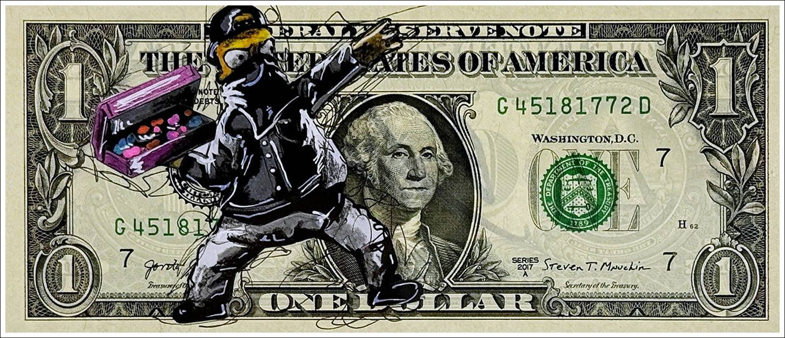 PAZBLANDINA - Original mixed technique design on $ Dollar "Homer Simpson Banksy" 6.6x15,6cm - 2024