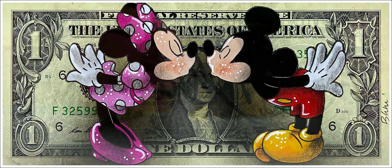 Pazblandina - Mickey en Minnie, origineel werk op dollar