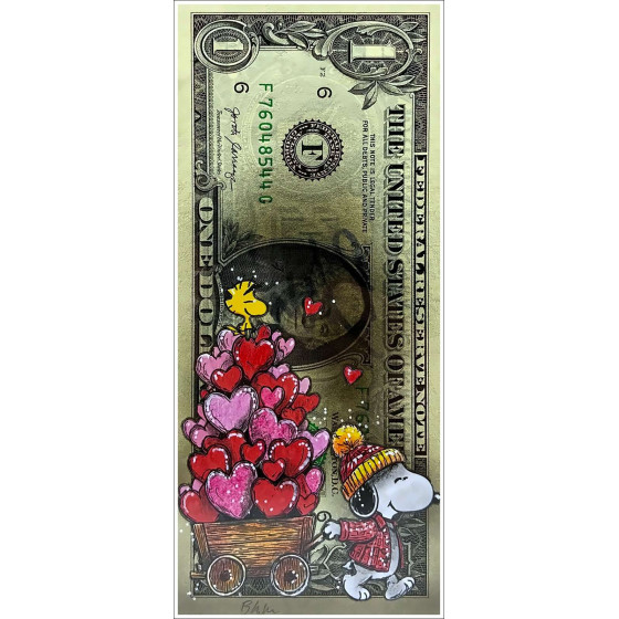 Pazblandina - Snoopy Love, obra original sobre dólar estadounidense