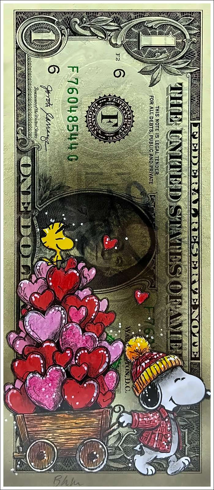 Pazblandina - Snoopy Love, obra original sobre dólar estadounidense