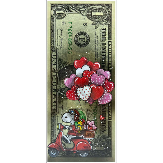 Pazblandina - Snoopy Vespa, original artwork on American dollar