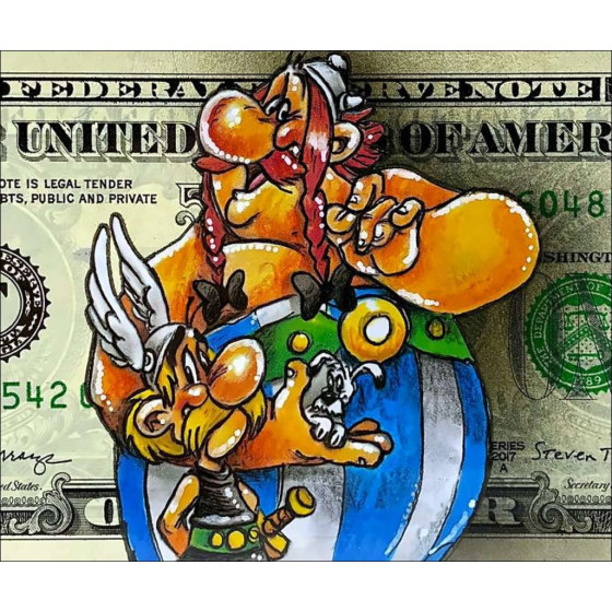 Astérix & Obélix sur dollar – Dessin original Pazblandina