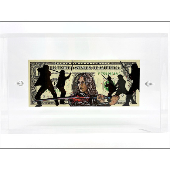 Pazblandina Kill Bill 2, opera originale firmata su un dollaro.