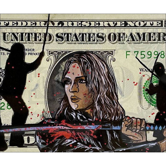 Pazblandina Kill Bill 2, opera originale firmata su un dollaro.