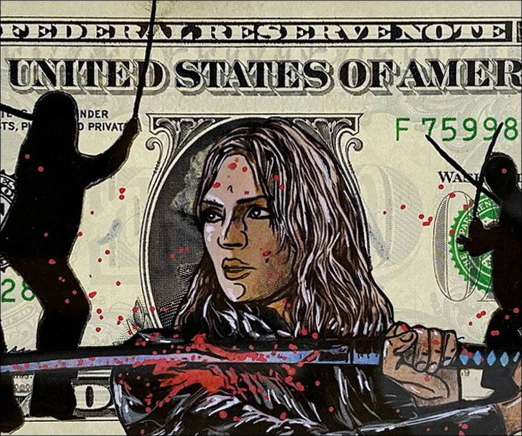 Pazblandina Kill Bill 2, Originalwerk auf Dollar signiert