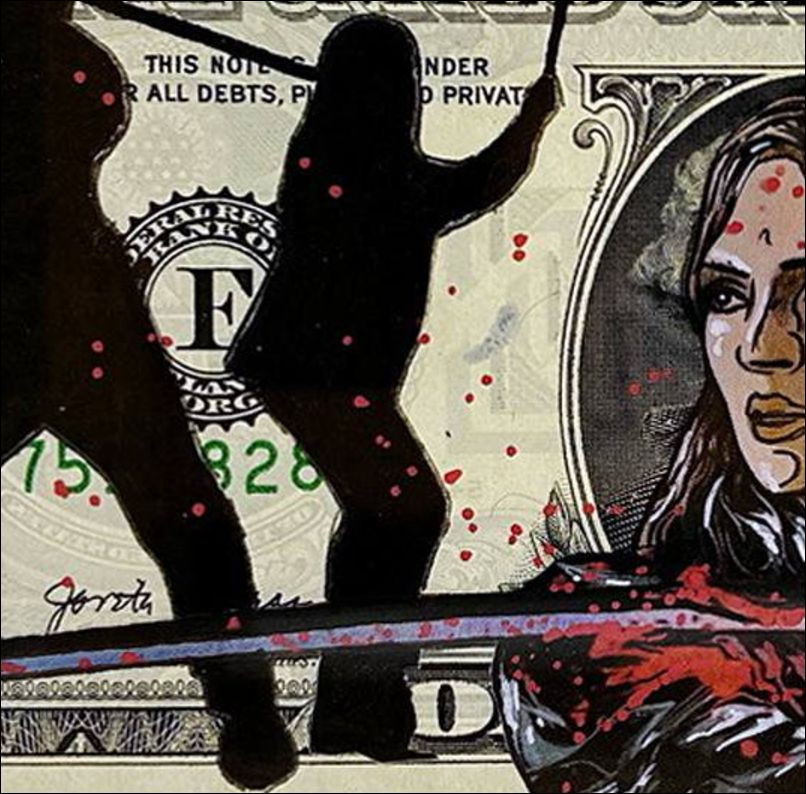 Pazblandina Kill Bill 2, opera originale firmata su un dollaro.