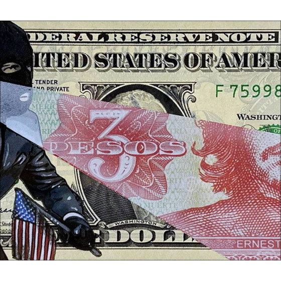 Pazblandina, dief, originele tekening op Amerikaanse dollar