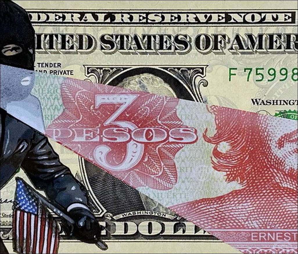 Pazblandina, dief, originele tekening op Amerikaanse dollar