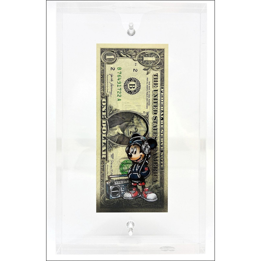 PAZBLANDINA - Mickey Street Art auf signiertem Dollar, 2025