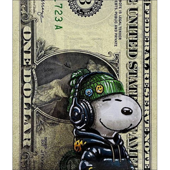 Snoopy auf dem Dollar-Ticket - Pazblandina signiert Zeichnung