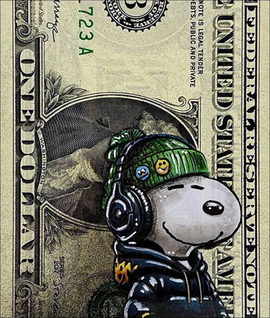 Snoopy auf dem Dollar-Ticket - Pazblandina signiert Zeichnung