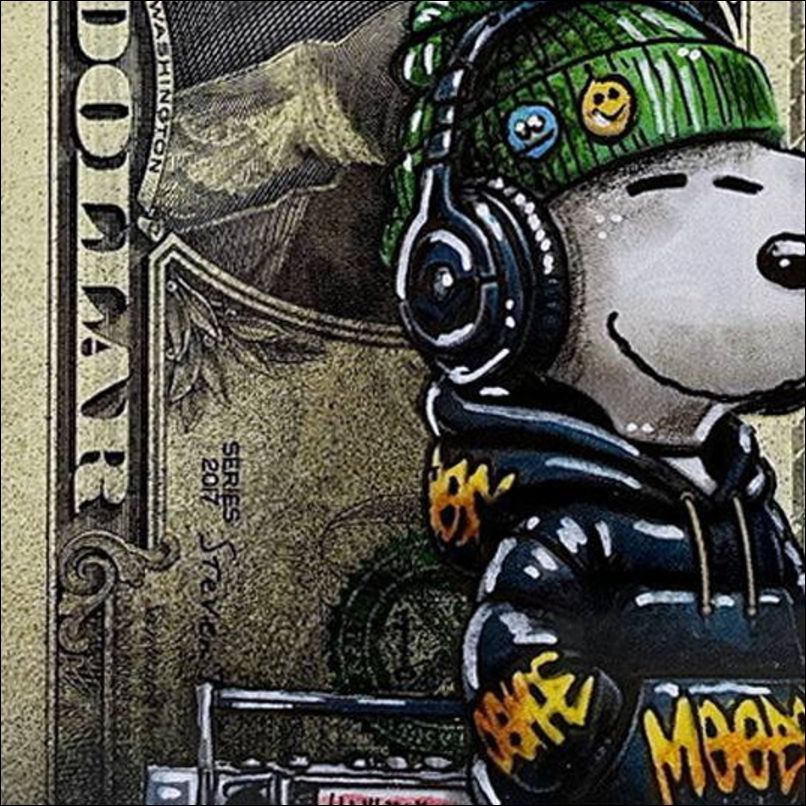 Snoopy sur billet dollar – Dessin signé de Pazblandina