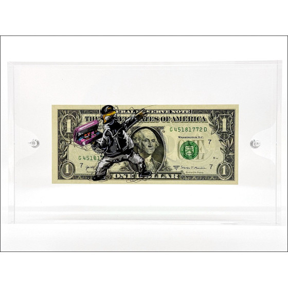 PAZBLANDINA - Original mixed technique design on $ Dollar "Homer Simpson Banksy" 6.6x15,6cm - 2024