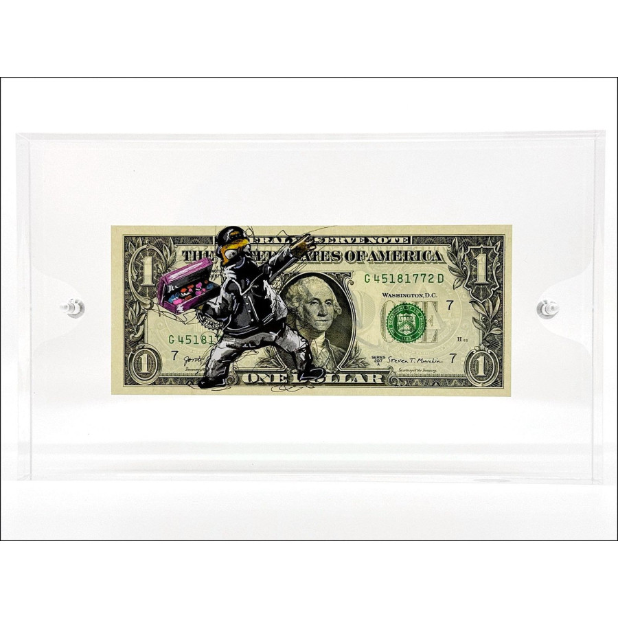 Dessin original en technique mixte sur Dollar $ "Homer Simpson Banksy" 6,6x15,6cm - 2024
