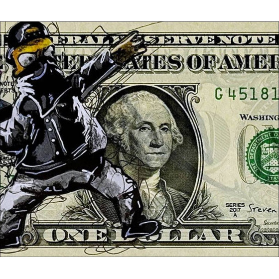 PAZBLANDINA - Dessin original en technique mixte sur Dollar $ "Homer Simpson Banksy" 6,6x15,6cm - 2024