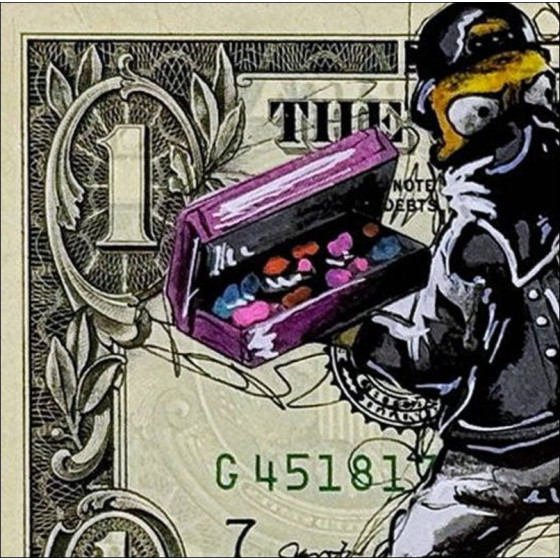 Dessin original en technique mixte sur Dollar $ "Homer Simpson Banksy" 6,6x15,6cm - 2024