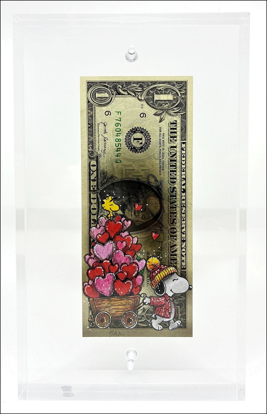 Pazblandina - Snoopy Love, obra original sobre dólar estadounidense