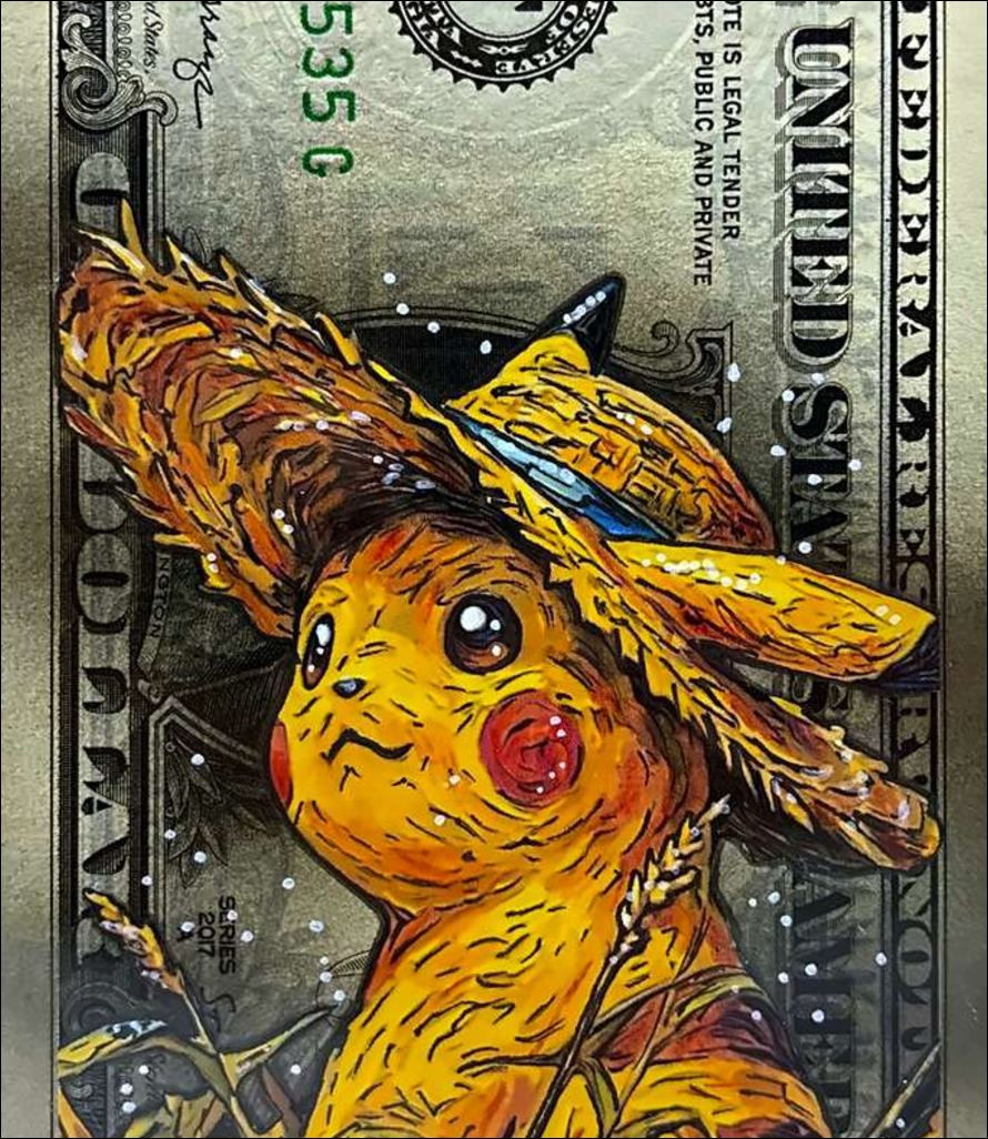 Pazblandina - Pikachu Van Gogh, œuvre originale sur dollar
