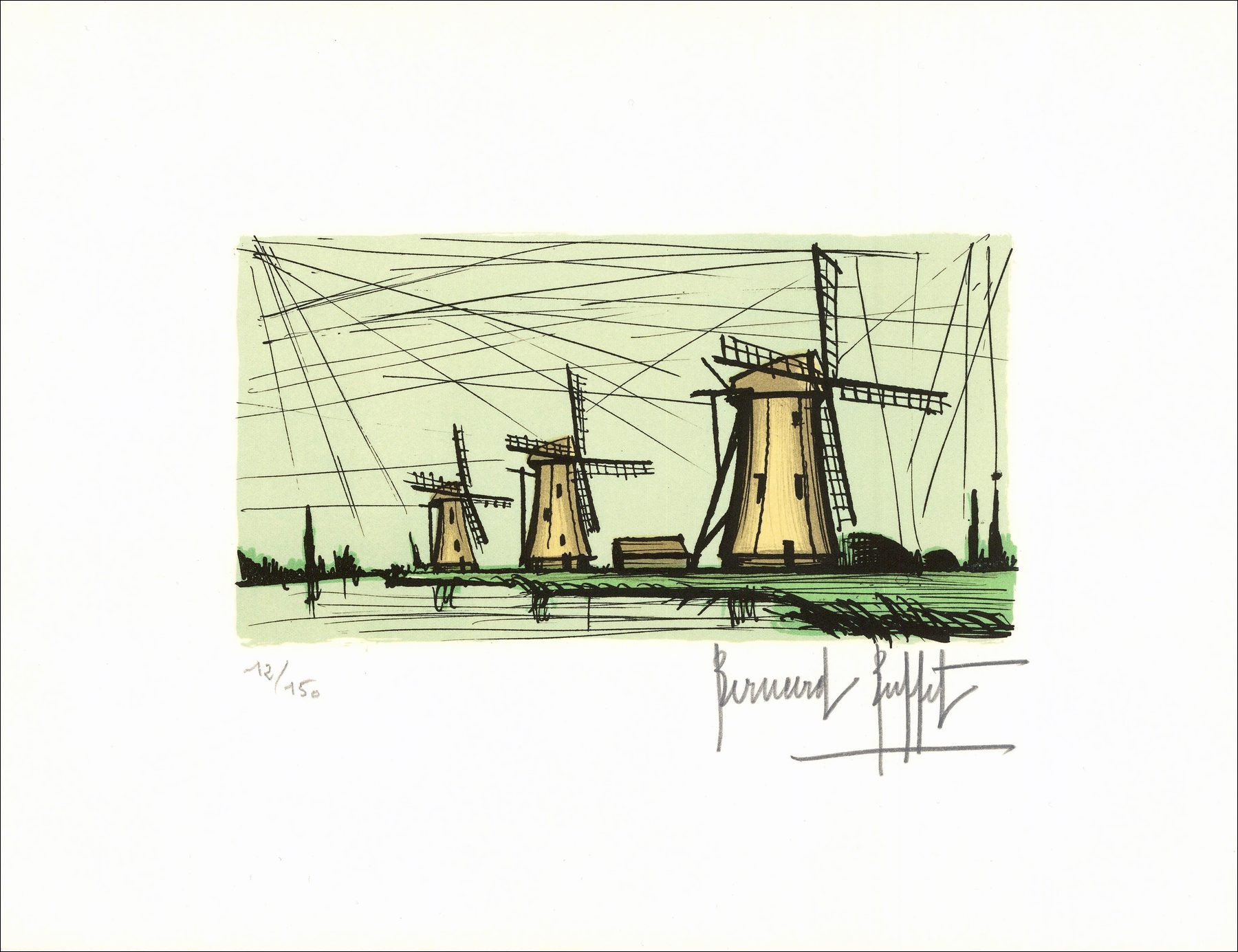 Bernard Buffet - Les Trois Moulins, original lithograph 1985