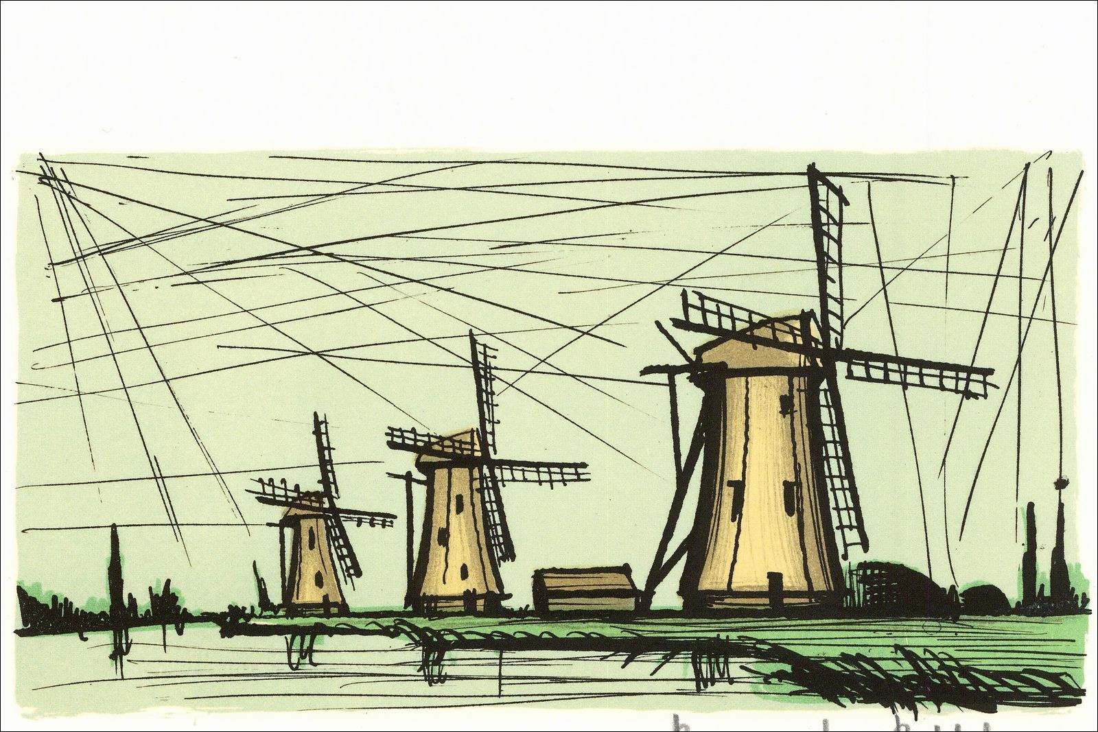 Bernard Buffet - Les Trois Moulins, lithographie originale 1985