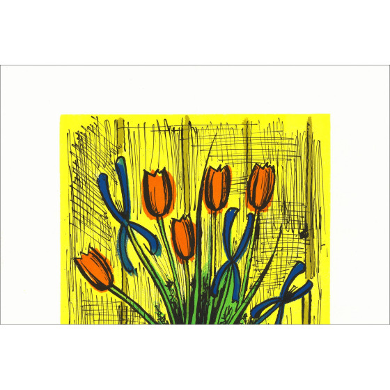 Bernard Buffet - Tulipanes e Iris, litografía original hacia 1985