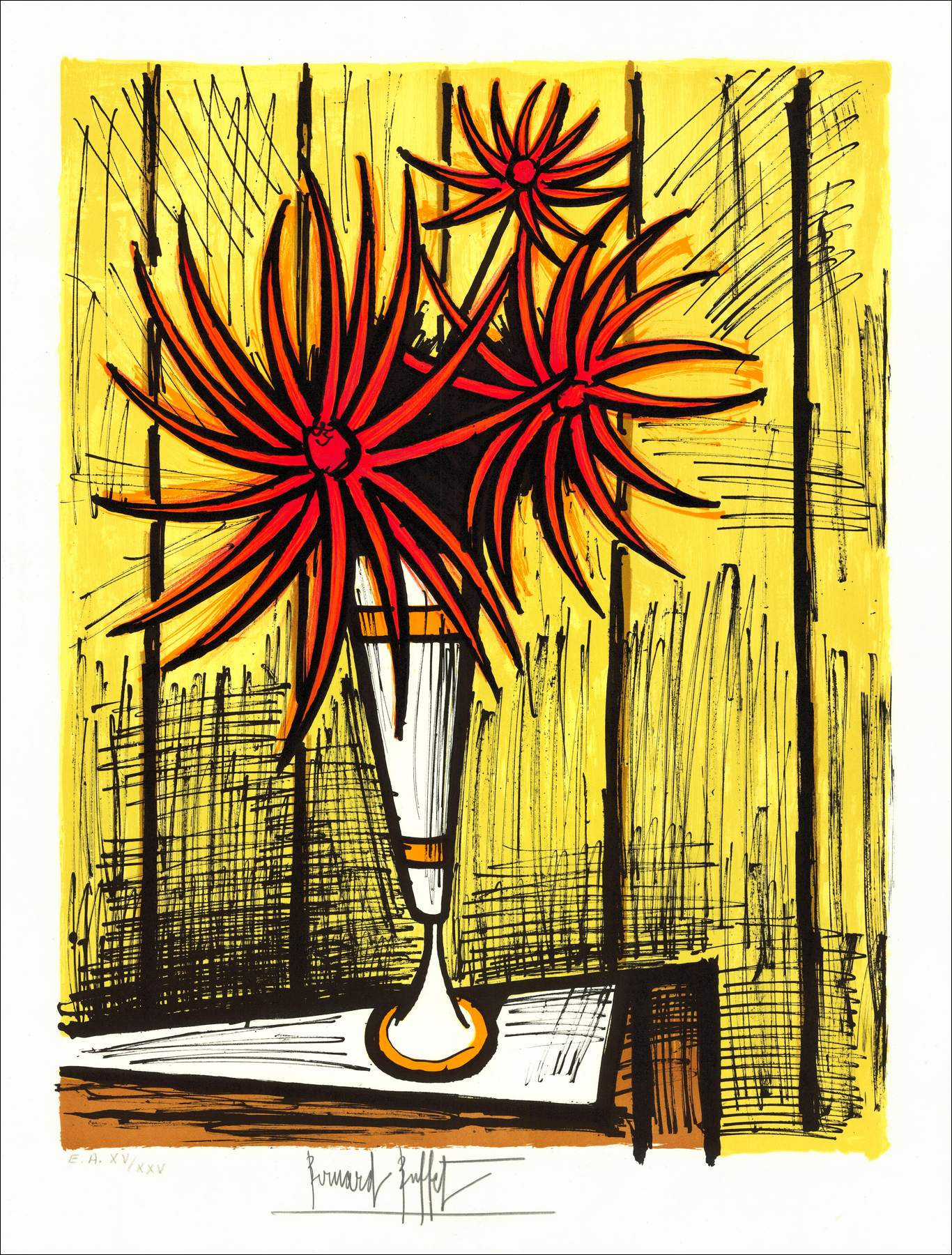 Bernard Buffet – Les trois Dahlias, lithographie originale signée