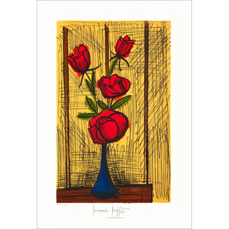 copia de BUFFET Bernard - Litografía original "Bouquet de roses jaunes" 79x59cm - 1987