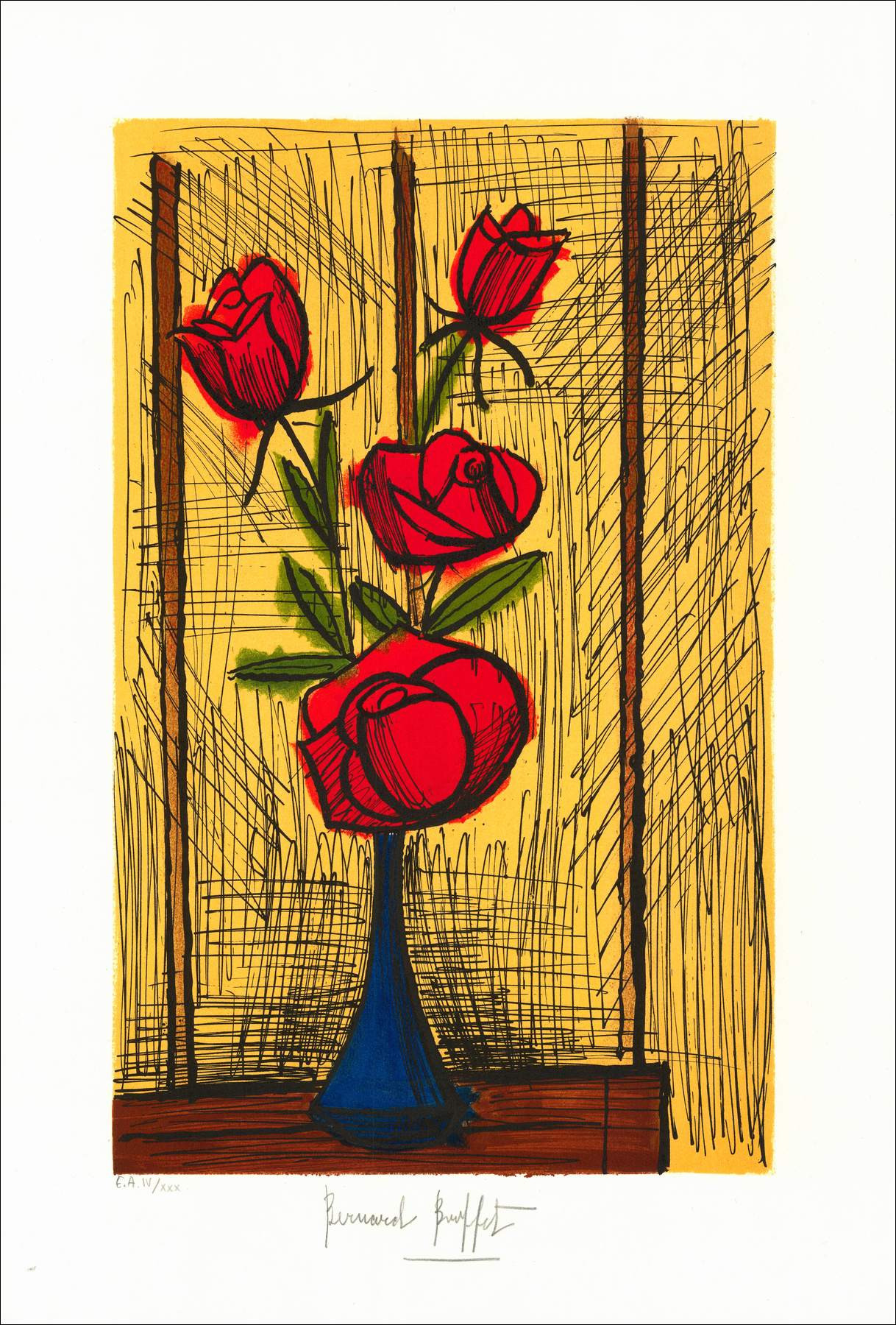copia de BUFFET Bernard - Litografía original "Bouquet de roses jaunes" 79x59cm - 1987