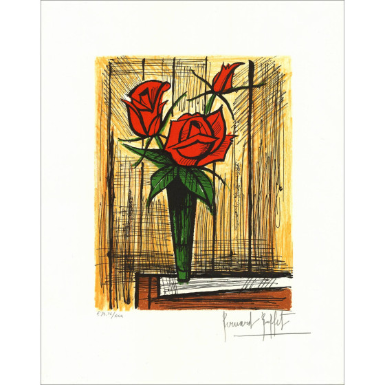 Bernard Buffet – Bouquet de rosas en un jarrón, litografía firmada